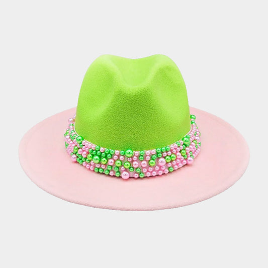 Pink and Green Pearl Embellished Band Pointed Color Block Fedora Hat - M H W ACCESSORIES LLC