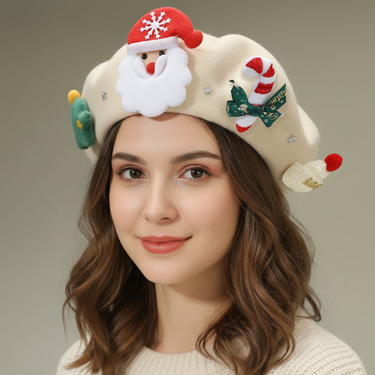 Christmas Decoration White Fuzzy Beret Hat