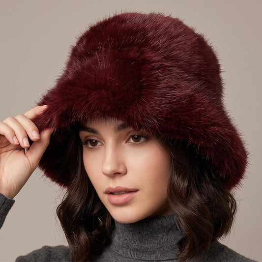 Plush Faux Fur Burgundy Pattern Wide Brim Winter Bucket Hat M H W ACCESSORIES LLC Plush Faux Fur Burgundy Pattern Wide Brim Winter Bucket Hat