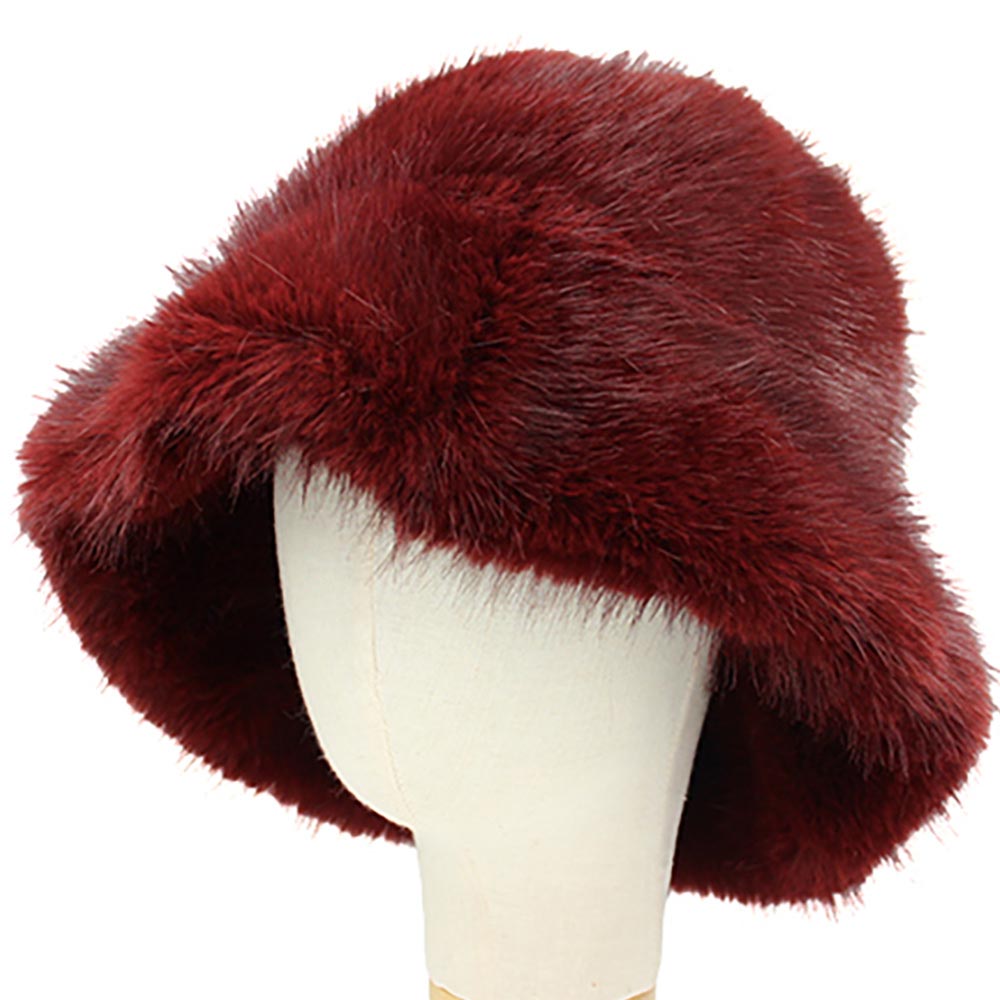 Plush Faux Fur Burgundy Pattern Wide Brim Winter Bucket Hat M H W ACCESSORIES LLC Plush Faux Fur Burgundy Pattern Wide Brim Winter Bucket Hat