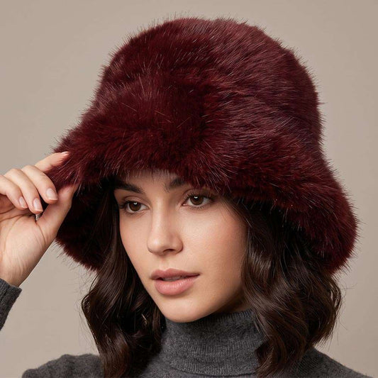 Plush Faux Fur Burgundy Pattern Wide Brim Winter Bucket Hat M H W ACCESSORIES LLC Plush Faux Fur Burgundy Pattern Wide Brim Winter Bucket Hat