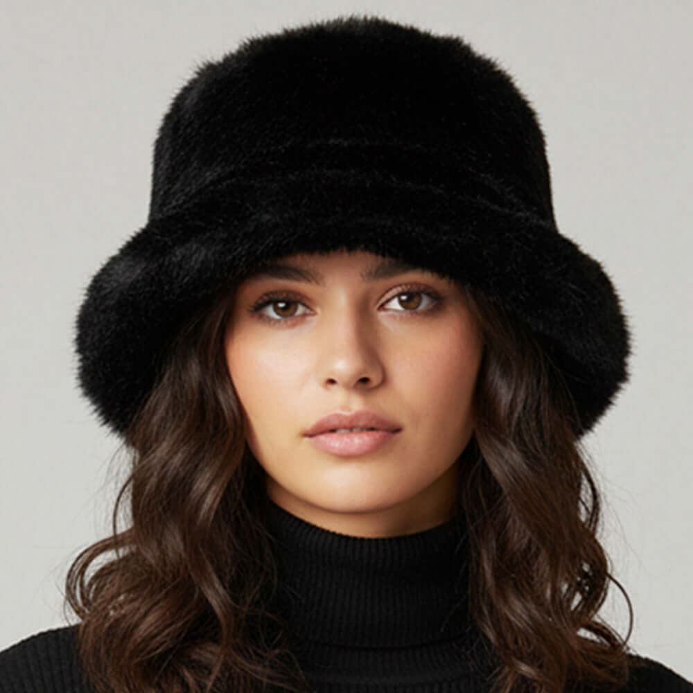 Black Soft Plush Faux Fur Winter Bucket Hat - M H W ACCESSORIES LLC