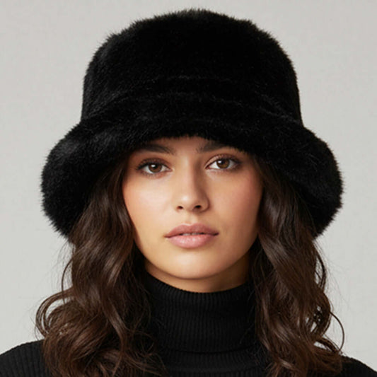 Black Soft Plush Faux Fur Winter Bucket Hat - M H W ACCESSORIES LLC