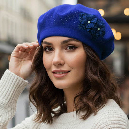 Floral Applique Accent Blue Winter Beret Hat - M H W ACCESSORIES LLC