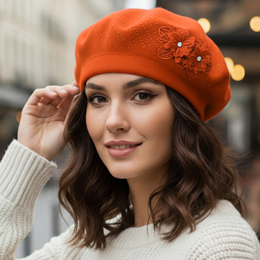 Floral Applique Accent Orange Winter Beret Hat - M H W ACCESSORIES LLC