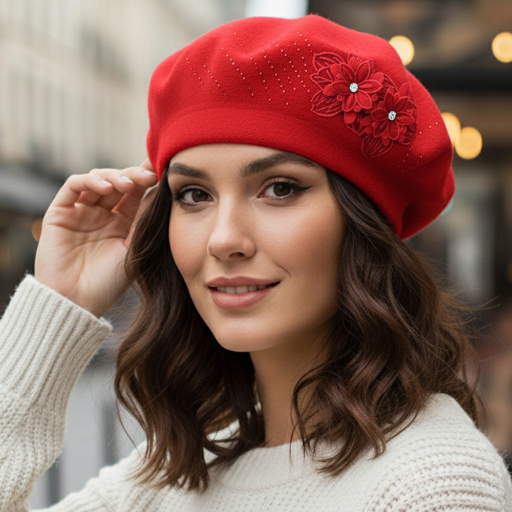 Floral Applique Accent Red Winter Beret Hat - M H W ACCESSORIES LLC