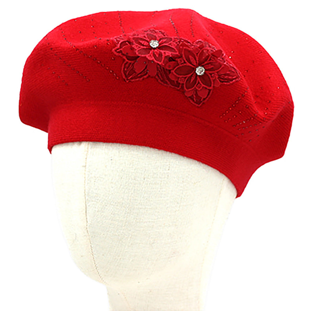 Floral Applique Accent Red Winter Beret Hat - M H W ACCESSORIES LLC