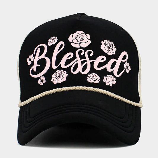 Flower Embroidered BLESSED Black Mesh Back Trucker Hat