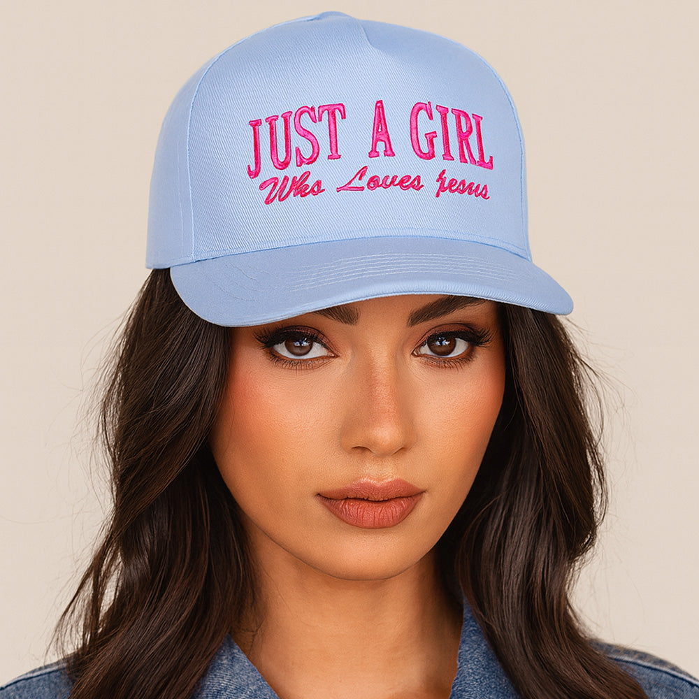 JUST A GIRL Message Embroidered Blue Five Panel Canvas Snapback Baseball Cap M H W ACCESSORIES LLC JUST A GIRL Message Embroidered Blue Five Panel Canvas Snapback Baseball Cap