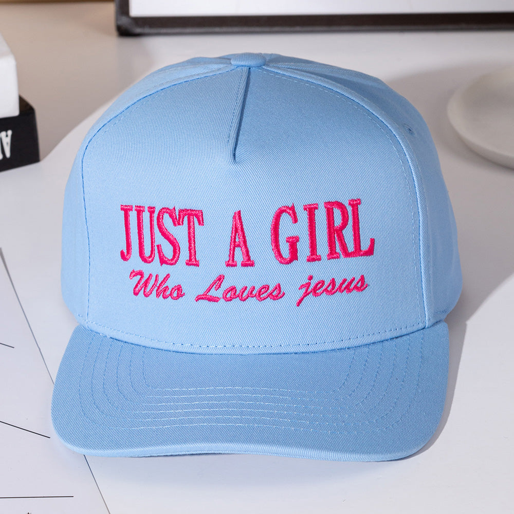 JUST A GIRL Message Embroidered Blue Five Panel Canvas Snapback Baseball Cap M H W ACCESSORIES LLC JUST A GIRL Message Embroidered Blue Five Panel Canvas Snapback Baseball Cap