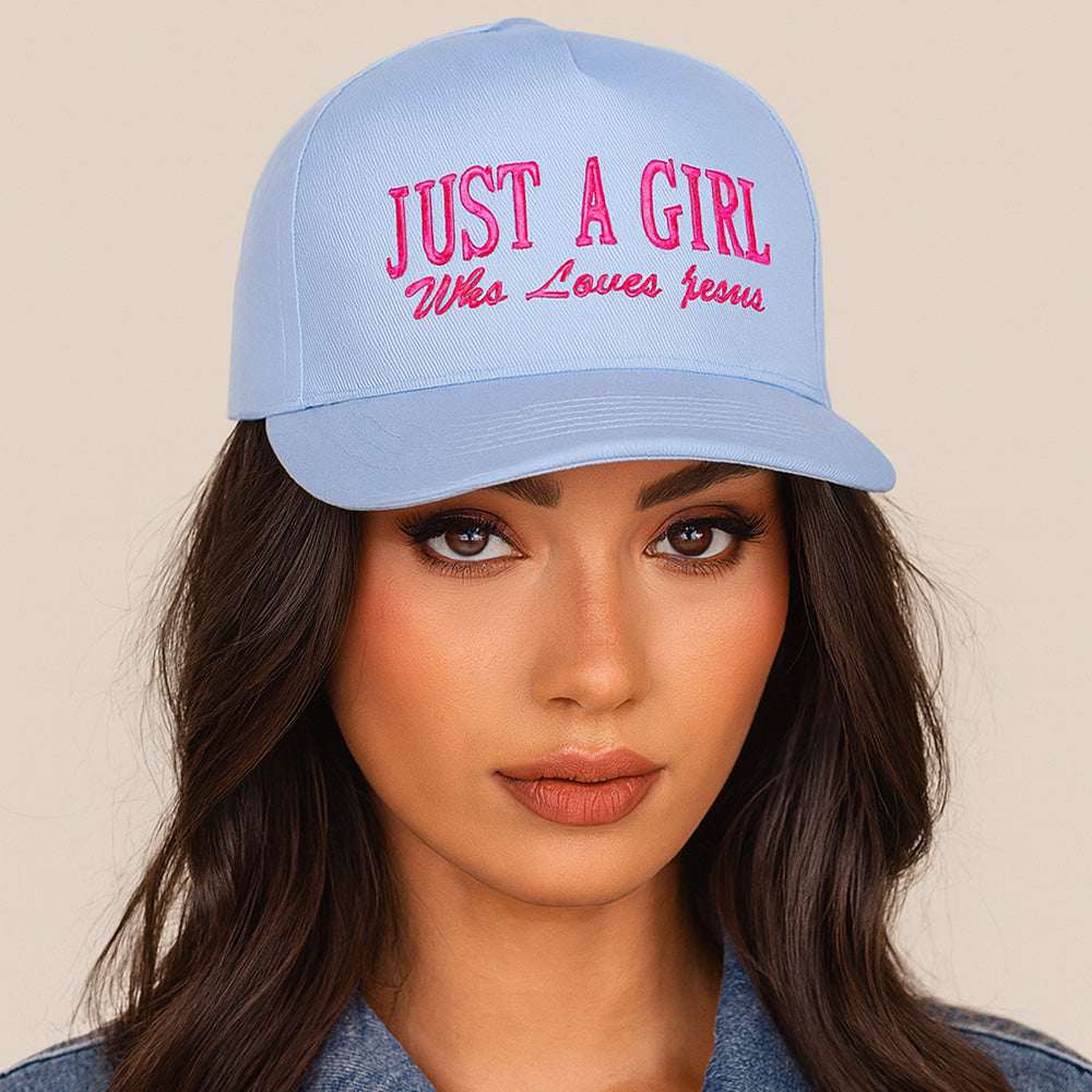 JUST A GIRL Message Embroidered Blue Five Panel Canvas Snapback Baseball Cap M H W ACCESSORIES LLC JUST A GIRL Message Embroidered Blue Five Panel Canvas Snapback Baseball Cap