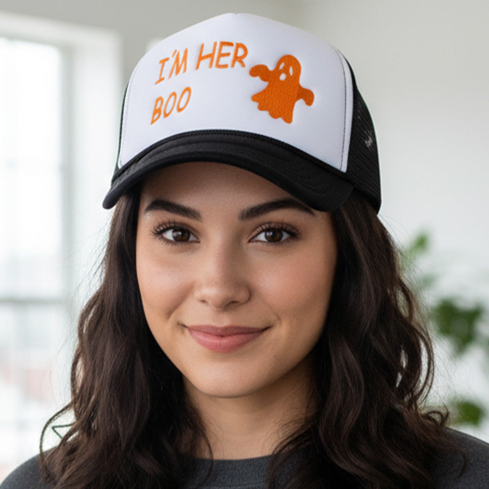 IM HER BOO Embroidered Orange Mesh Back Trucker Cap M H W ACCESSORIES LLC IM HER BOO Embroidered Orange Mesh Back Trucker Cap