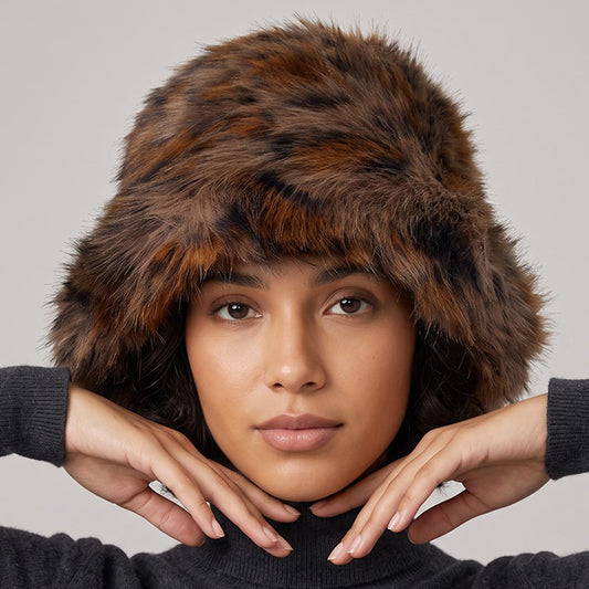 Plush Faux Fur Animal Brown Pattern Wide Brim Winter Bucket Hat M H W ACCESSORIES LLC Plush Faux Fur Animal Brown Pattern Wide Brim Winter Bucket Hat
