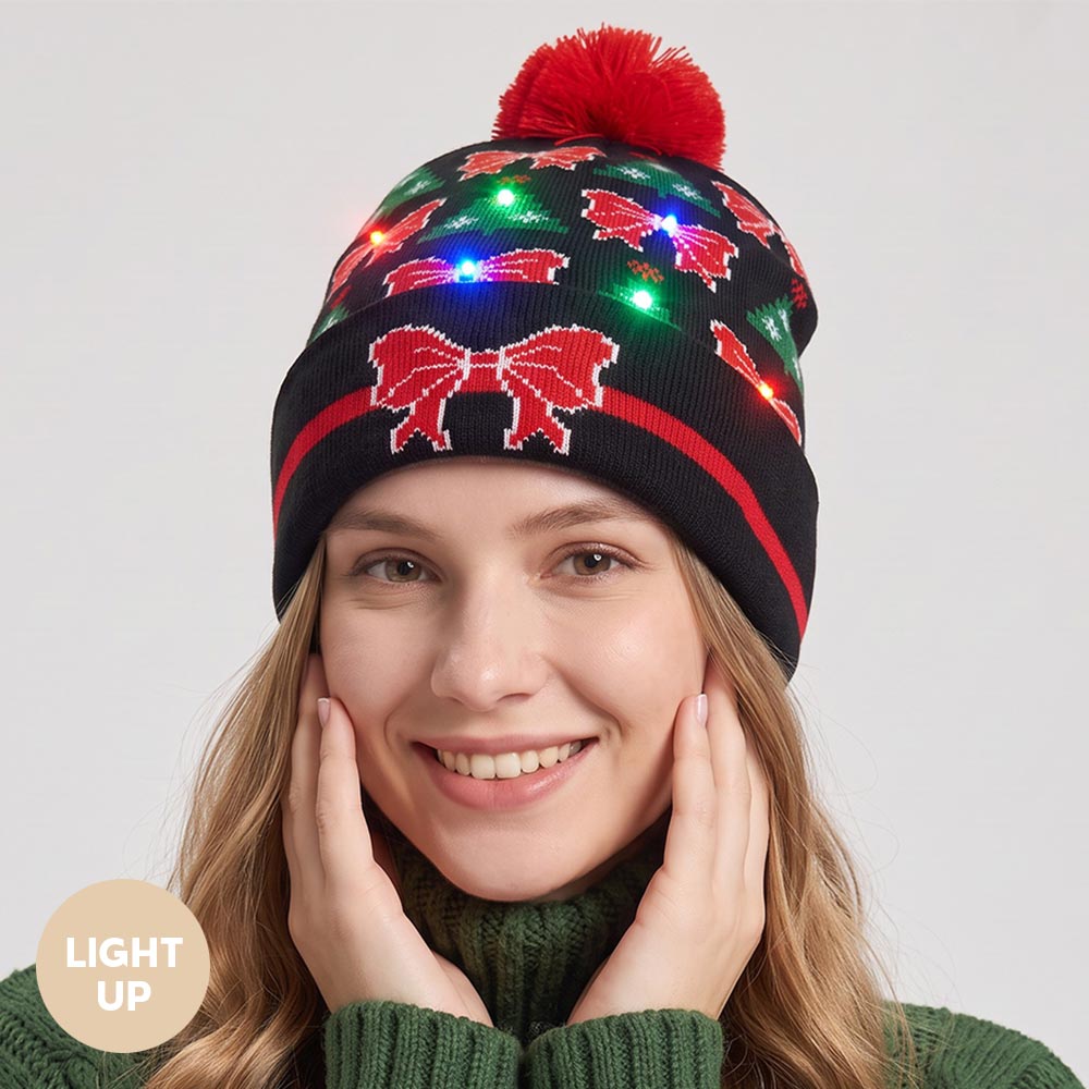 Light Up Christmas Bow Tree Pattern Pom Pom LED Beanie Hat M H W ACCESSORIES LLC Light Up Christmas Bow Tree Pattern Pom Pom LED Beanie Hat