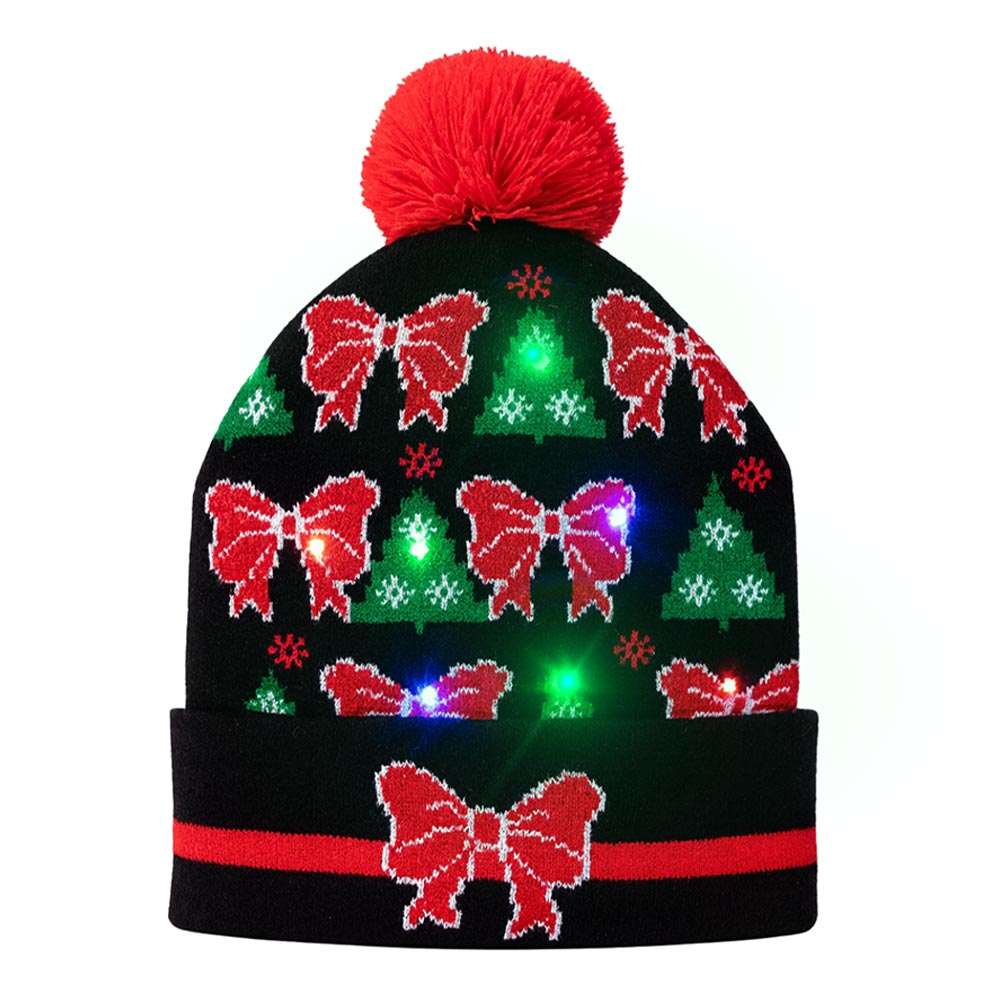 Light Up Christmas Bow Tree Pattern Pom Pom LED Beanie Hat M H W ACCESSORIES LLC Light Up Christmas Bow Tree Pattern Pom Pom LED Beanie Hat
