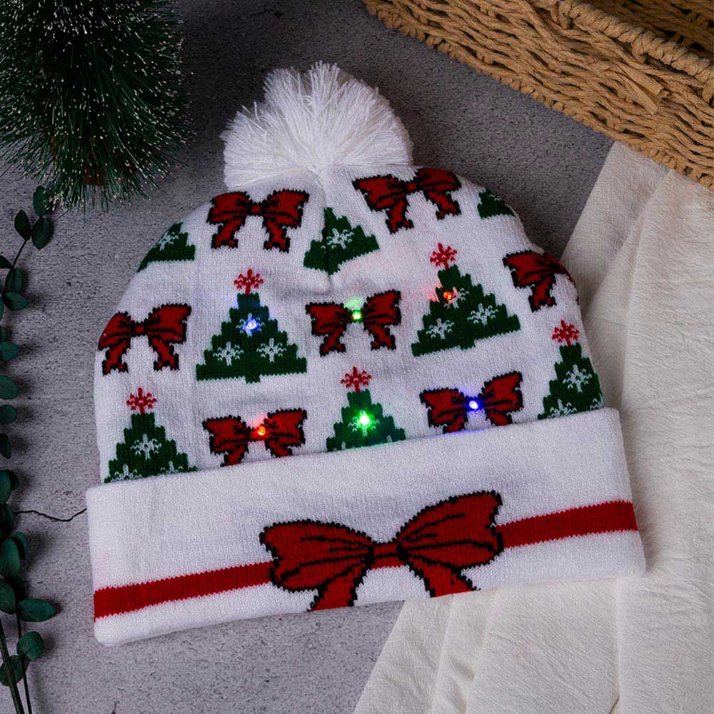 Light Up Christmas Bow Tree Pattern Pom Pom LED Beanie Hat M H W ACCESSORIES LLC Light Up Christmas Bow Tree Pattern Pom Pom LED Beanie Hat