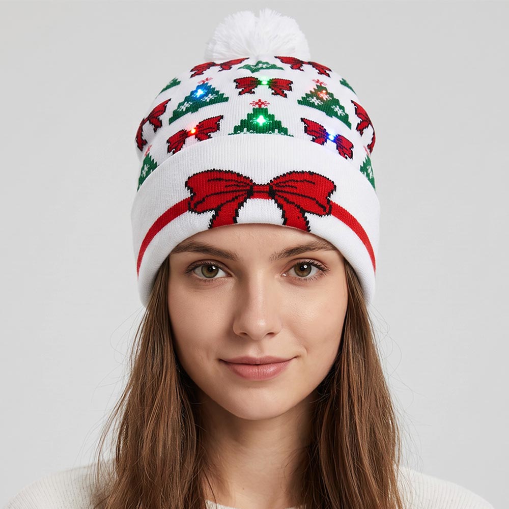Light Up Christmas Bow Tree Pattern Pom Pom LED Beanie Hat M H W ACCESSORIES LLC Light Up Christmas Bow Tree Pattern Pom Pom LED Beanie Hat