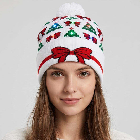 Light Up Christmas Bow Tree Pattern Pom Pom LED Beanie Hat M H W ACCESSORIES LLC Light Up Christmas Bow Tree Pattern Pom Pom LED Beanie Hat