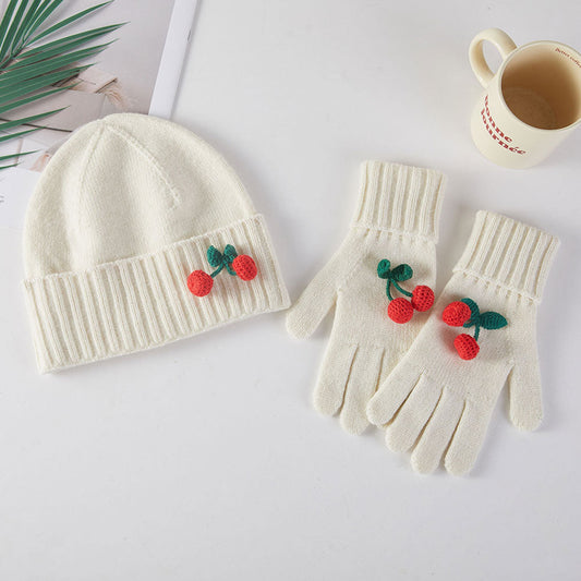 Cherry Cozy Accent Winter Ivory Beanie Gloves Set M H W ACCESSORIES LLC Cherry Cozy Accent Winter Ivory Beanie Gloves Set