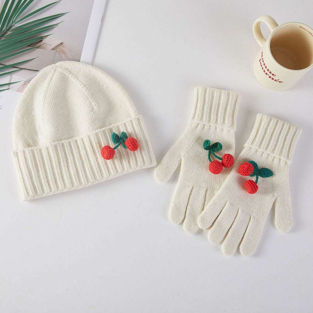Cherry Cozy Accent Winter Ivory Beanie Gloves Set M H W ACCESSORIES LLC Cherry Cozy Accent Winter Ivory Beanie Gloves Set