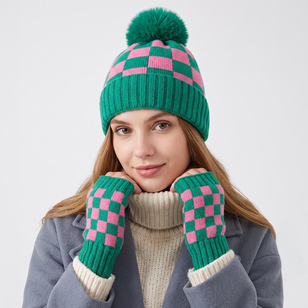 Pink & Green Checkerboard Pom Pom Winter Beanie Fingerless Gloves Set M H W ACCESSORIES LLC Pink & Green Checkerboard Pom Pom Winter Beanie Fingerless Gloves Set