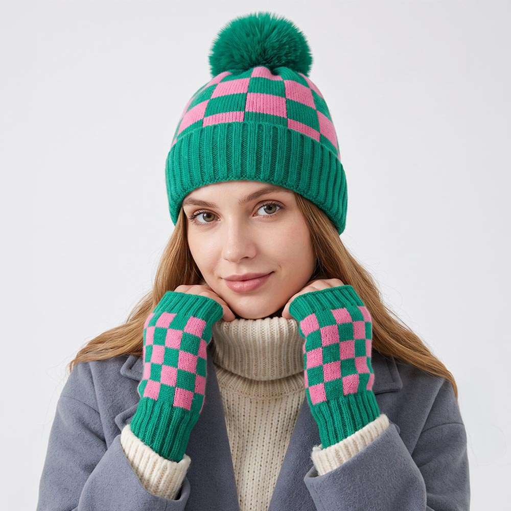 Pink & Green Checkerboard Pom Pom Winter Beanie Fingerless Gloves Set M H W ACCESSORIES LLC Pink & Green Checkerboard Pom Pom Winter Beanie Fingerless Gloves Set