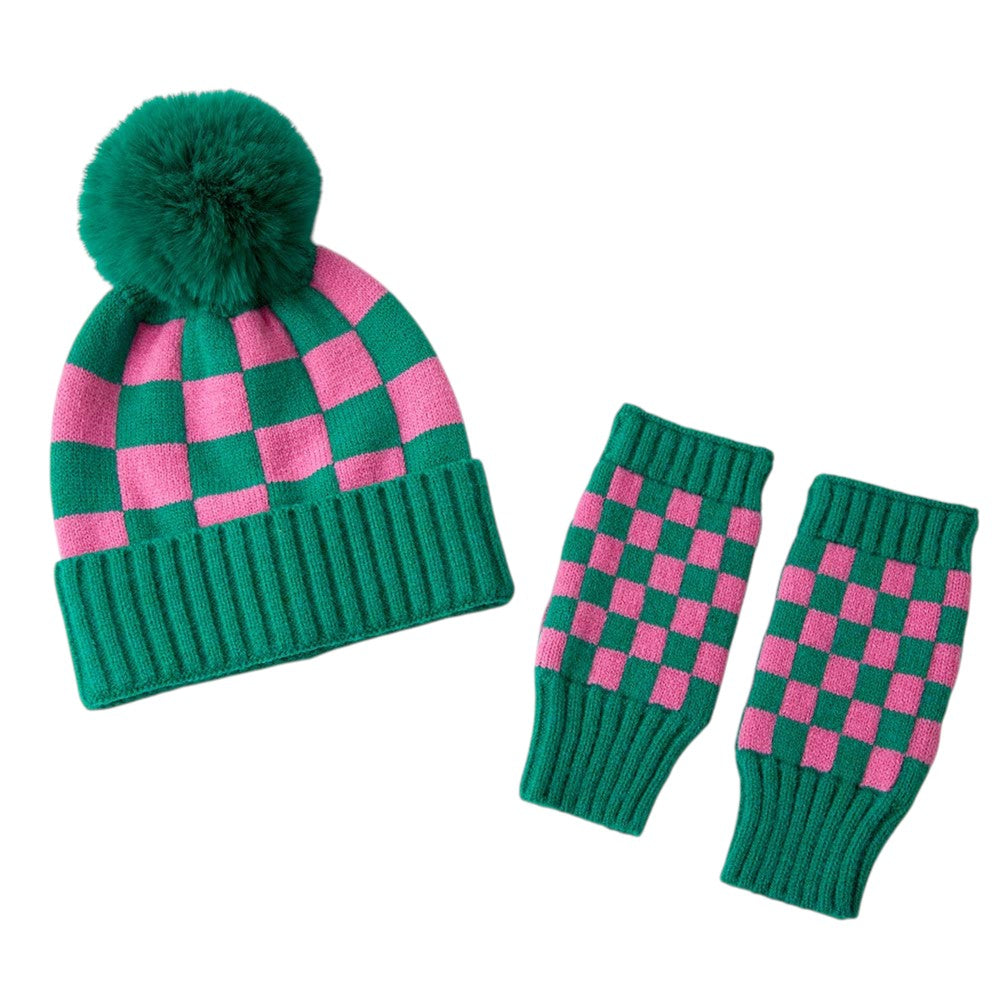 Pink & Green Checkerboard Pom Pom Winter Beanie Fingerless Gloves Set M H W ACCESSORIES LLC Pink & Green Checkerboard Pom Pom Winter Beanie Fingerless Gloves Set