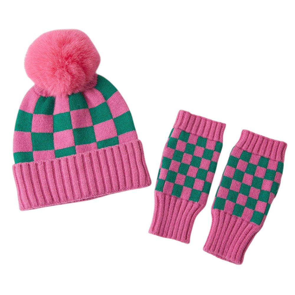 Pink & Green Checkerboard Pom Pom Winter Beanie Fingerless Gloves Set M H W ACCESSORIES LLC Pink & Green Checkerboard Pom Pom Winter Beanie Fingerless Gloves Set