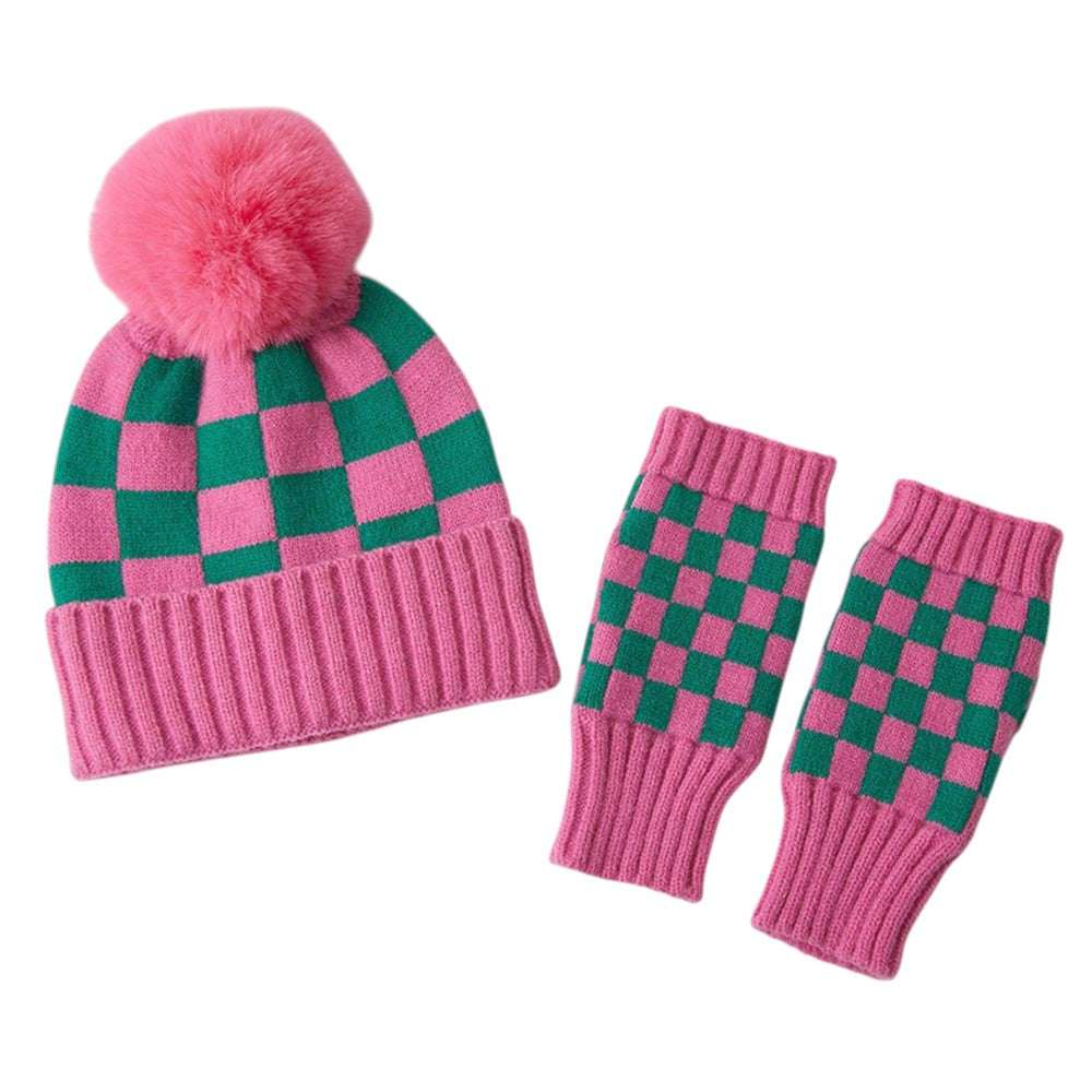 Pink & Green Checkerboard Pom Pom Winter Beanie Fingerless Gloves Set M H W ACCESSORIES LLC Pink & Green Checkerboard Pom Pom Winter Beanie Fingerless Gloves Set