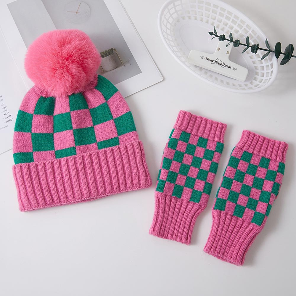 Pink & Green Checkerboard Pom Pom Winter Beanie Fingerless Gloves Set M H W ACCESSORIES LLC Pink & Green Checkerboard Pom Pom Winter Beanie Fingerless Gloves Set