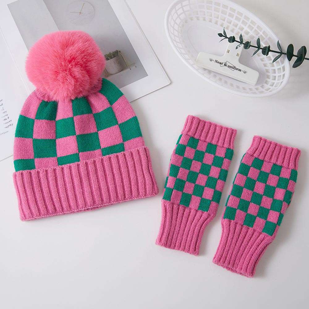 Pink & Green Checkerboard Pom Pom Winter Beanie Fingerless Gloves Set M H W ACCESSORIES LLC Pink & Green Checkerboard Pom Pom Winter Beanie Fingerless Gloves Set