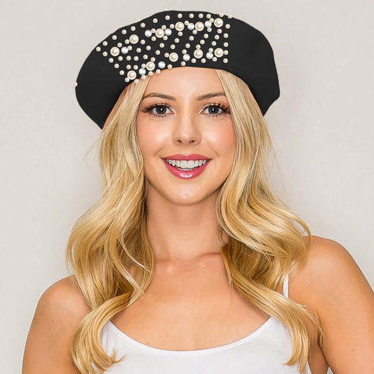 Pearl Stone Cluster Black Embellished Wool Beret Hat - M H W ACCESSORIES LLC