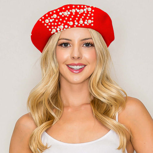 Pearl Stone Cluster Red Embellished Wool Beret Hat (Copy)