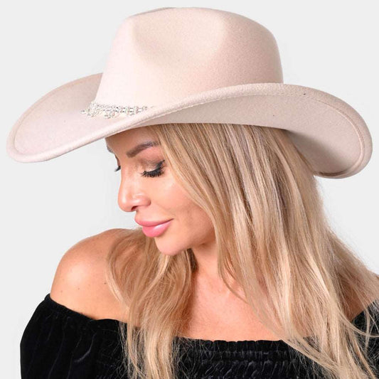 Beige Stone Embellished Band Cowgirl Fedor Hat-M H W ACCESSORIES - M H W ACCESSORIES LLC
