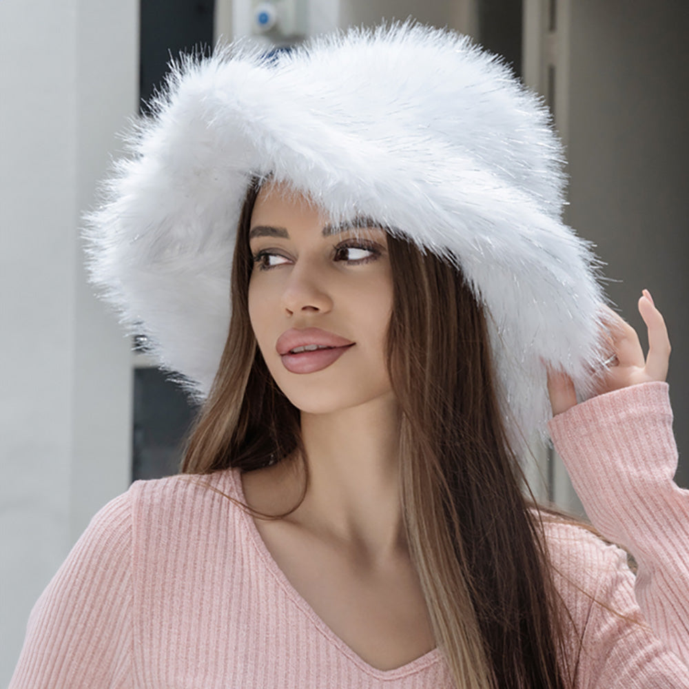 White Winter Fluffy Faux Fur Bucket Hat - M H W ACCESSORIES LLC