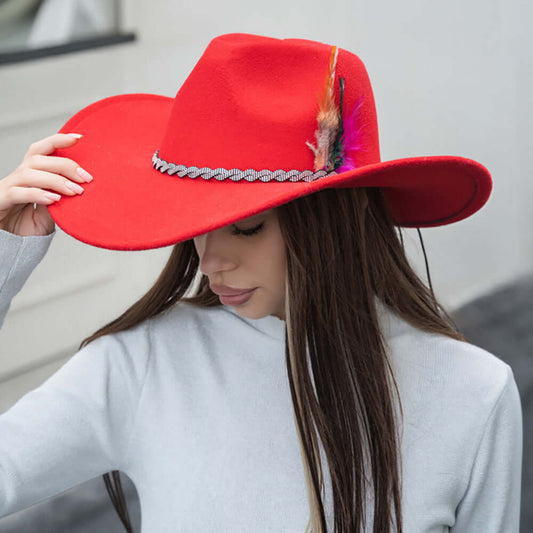 Red Feather Rhinestone Paved Twisted Band Accented Fedora Hat - M H W ACCESSORIES LLC