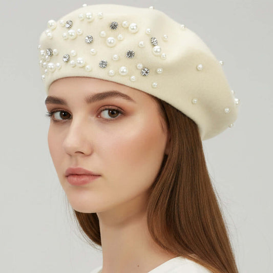 Pearl Rhinestone Embellished Ivory Winter Beret Hat Style - M H W ACCESSORIES LLC