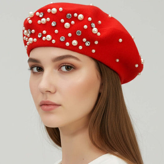 Pearl Rhinestone Embellished Red Winter Beret Hat Style - M H W ACCESSORIES LLC