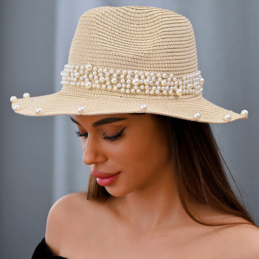 Pearl Embellished Beige Fedora Sun Hat