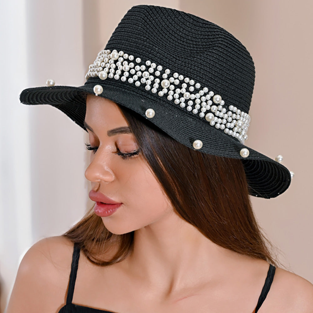 Pearl Embellished Black Fedora Sun Hat