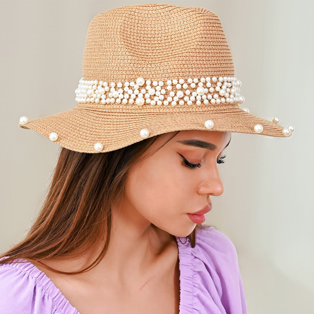 Pearl Embellished Khaki Fedora Sun Hat