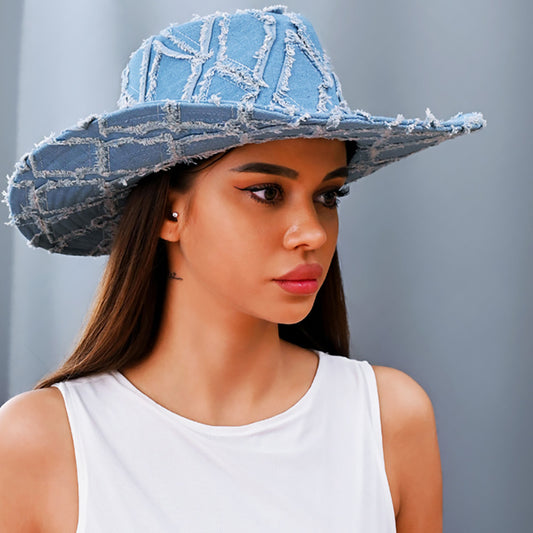 Distressed Blue Denim Cowboy Fedora Hat