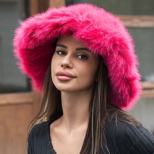 Hot Pink Winter Fluffy Faux Fur Bucket Hat