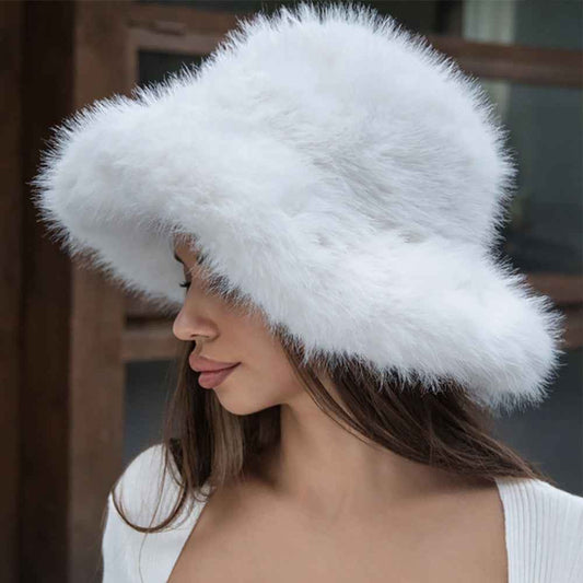Ivory Wide Brim Faux Fur Winter Bucket Hat