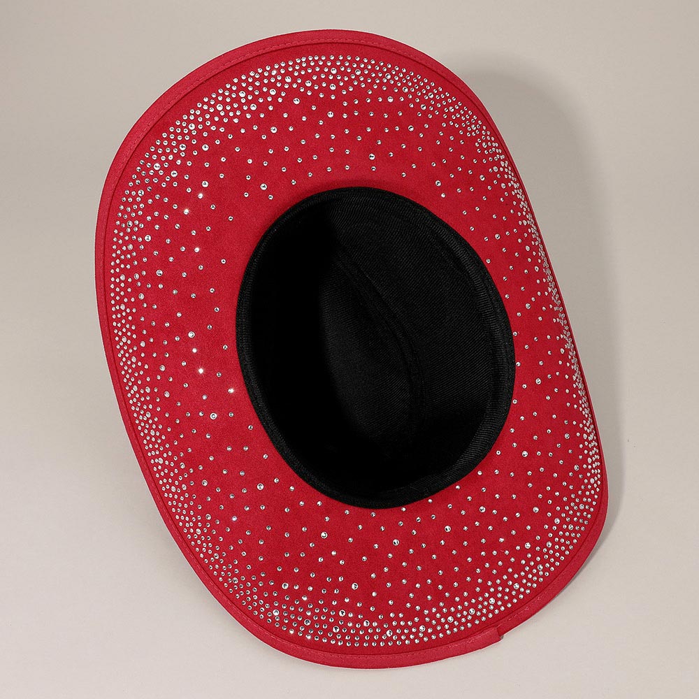 Red Faux Suede Bling Studded Inside Cowboy Hat