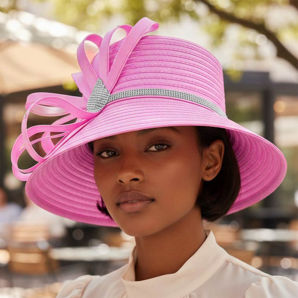 Pink Rhinestone Embellished Floral Bow Accent Wide Brim Statement Dressy Hat M H W ACCESSORIES LLC Pink Rhinestone Embellished Floral Bow Accent Wide Brim Statement Dressy Hat