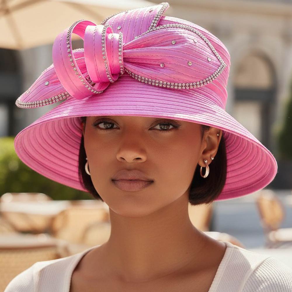 Pink Rhinestone Embellished Floral Bow Accent Wide Brim Statement Dressy Hat M H W ACCESSORIES LLC Pink Rhinestone Embellished Floral Bow Accent Wide Brim Statement Dressy Hat