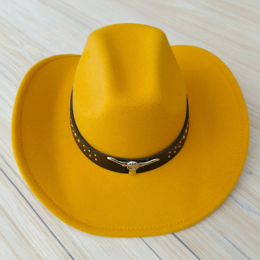 Steer Head Western Belt Pointed Gold Cowboy Fedora Hat