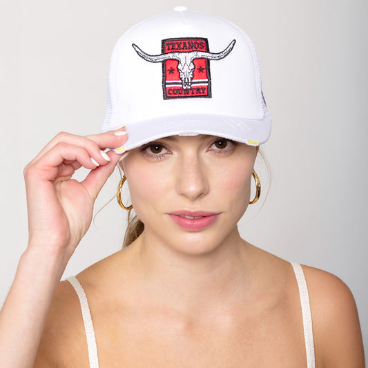 TEXANOS COUNTRY Texas Steer Head Embroidered Mesh Back White Trucker Hat