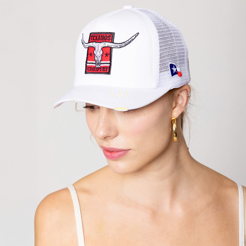 TEXANOS COUNTRY Texas Steer Head Embroidered Mesh Back White Trucker Hat